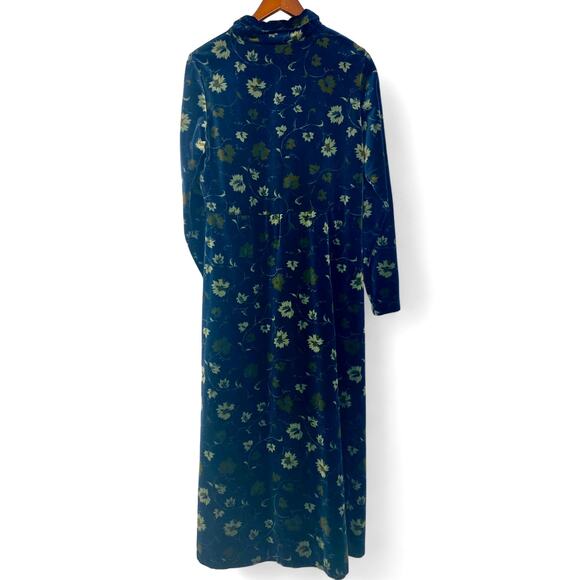 SMITH & HAWKEN Dress 12 Velour 90s Blue Floral Long Sleeve Cottagecore VTG USA - Picture 2 of 8